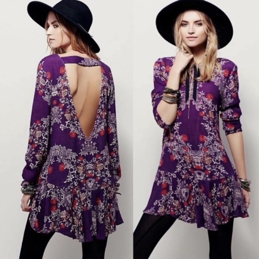 Free People Berry Purple Floral Open Back Flowy Printed Tunic